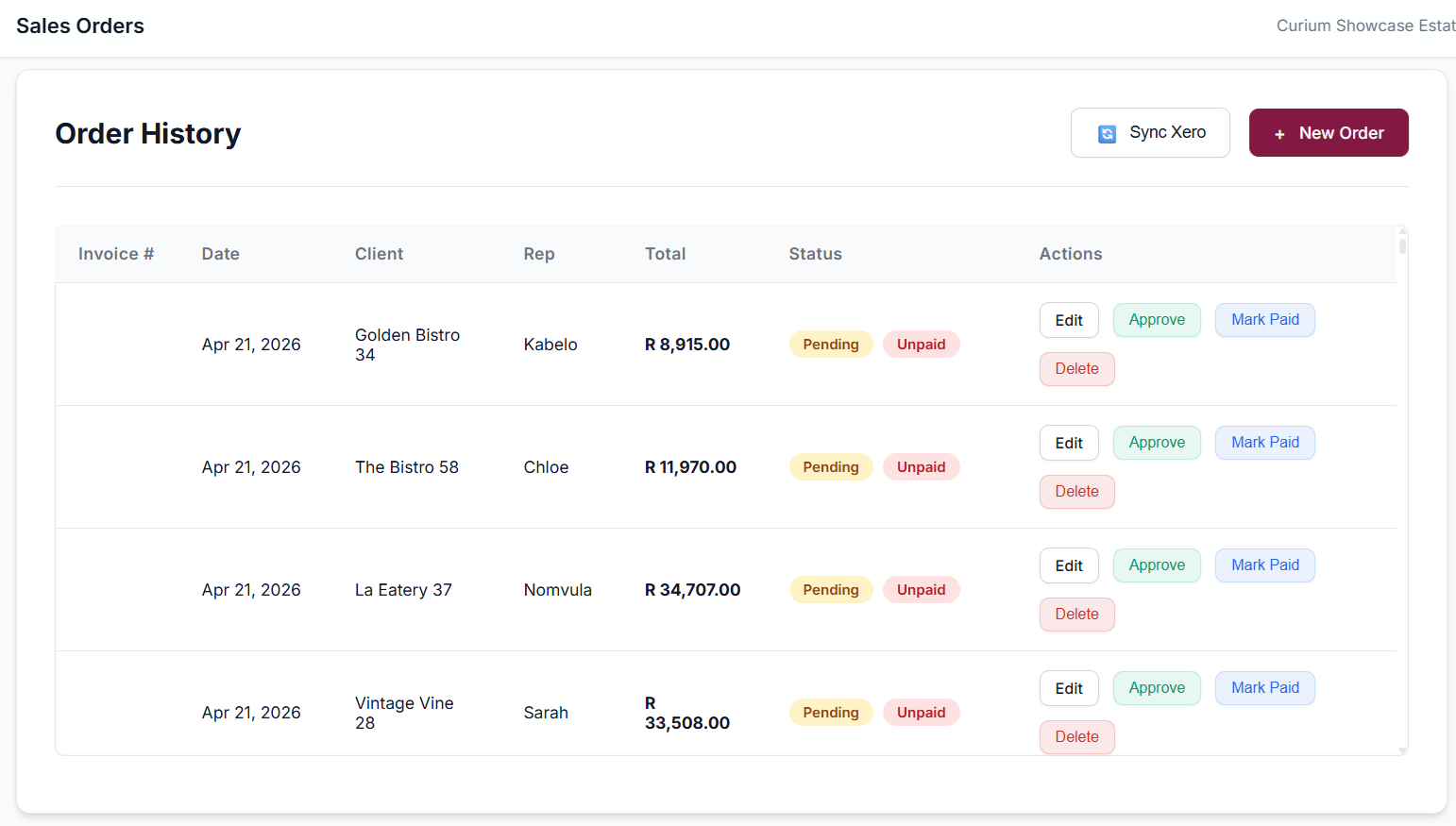 WinezFlow sales orders and order history screen
